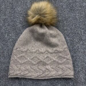 White Pine Beanie Women OS Taupe 100% Cashmere‎ Faux Fur Pom Pom Cable Knit Hat
